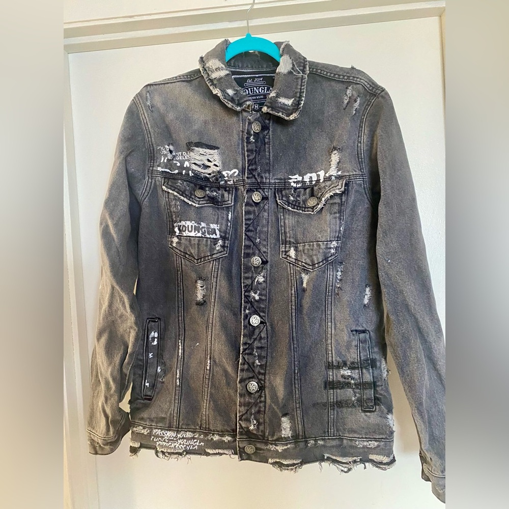 YoungLA    Gray Denim Jacket  Men's  size Medium  Palm tree